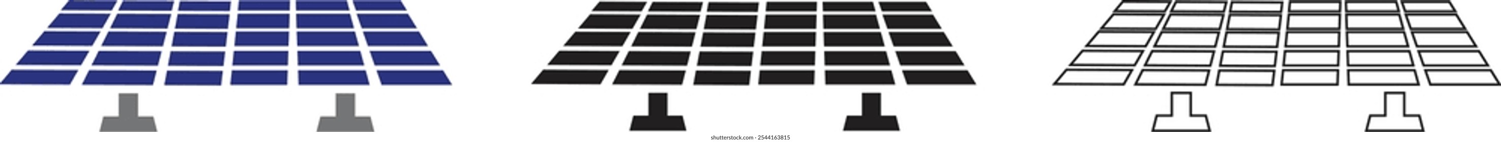 Solar system plates icon set. The main solar panel types flat and line vector of monocrystalline polycrystalline and thin film solar energy panel with Sun collection isolated on transparent background