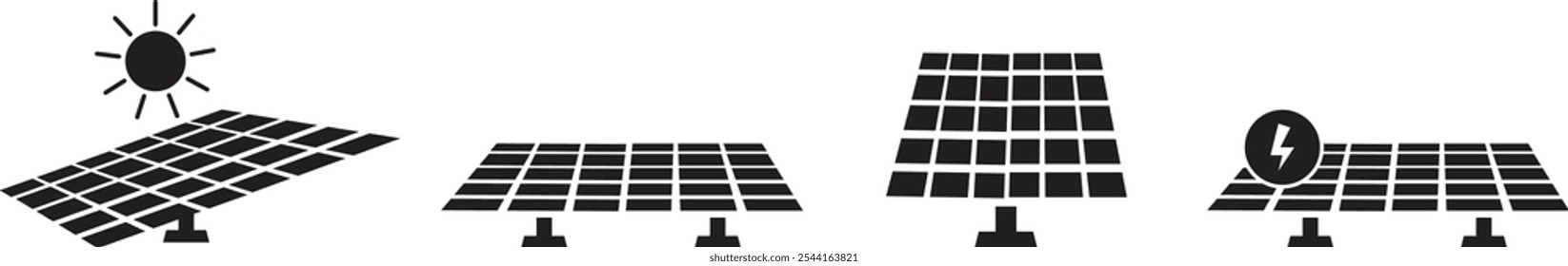 Solar system plates icon set. The main solar panel types flat and line vector of monocrystalline polycrystalline and thin film solar energy panel with Sun collection isolated on transparent background