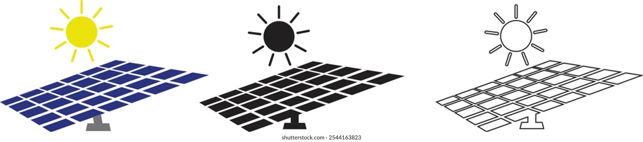 Solar system plates icon set. The main solar panel types flat and line vector of monocrystalline polycrystalline and thin film solar energy panel with Sun collection isolated on transparent background