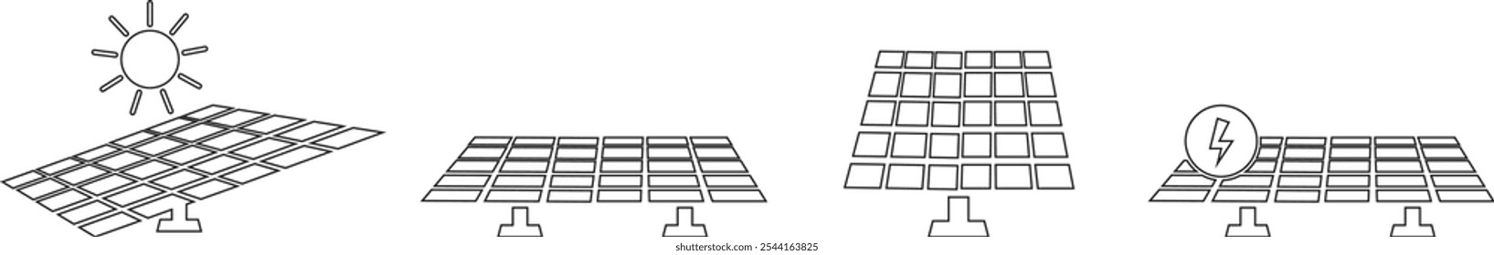 Solar system plates icon set. The main solar panel types flat and line vector of monocrystalline polycrystalline and thin film solar energy panel with Sun collection isolated on transparent background