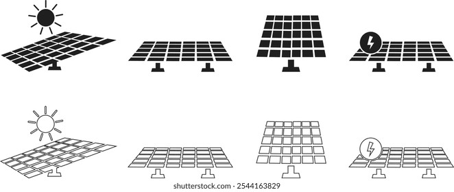 Solar system plates icon set. The main solar panel types flat and line vector of monocrystalline polycrystalline and thin film solar energy panel with Sun collection isolated on transparent background