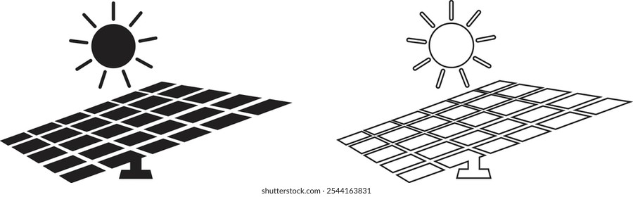 Conjunto de ícones das placas do sistema solar. Os principais painéis solares tipos vetor plano e linha de monocristalino policristalino e painel de energia solar de película fina com coleção de Sol isolado em fundo transparente