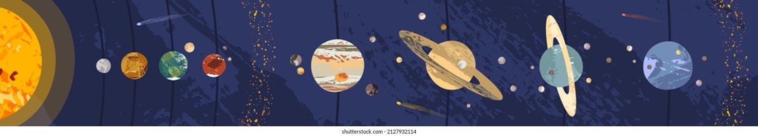 Solar system poster. Sun, Mercury, Venus, Earth, Moon, Mars, Jupiter, Saturn, Uranus, Neptune. Planet, satellite, asteroid belt, comet. Astronomy, astrophysics. Vector flat cartoon cosmic illustration