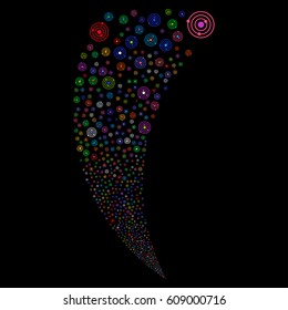 Solar System random fireworks stream. Vector illustration style is flat bright multicolored iconic symbols on a black background. Object fountain created from scattered symbols.