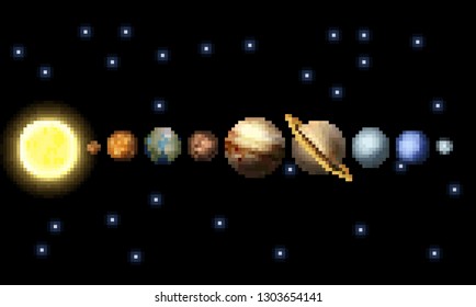 The Solar system in a retro 8 bit arcade video game pixel art style.