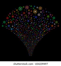 Solar System salute stream. Vector illustration style is flat bright multicolored iconic symbols on a black background. Object fireworks fountain created from random pictograms.