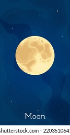 Solar system satelite Moon vector illustration. Celestial object art concept with isolated satelite Moon in solar system on dark blue vertical space background for astrology universe graphic design