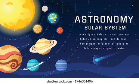 Solar system scheme with planets, stars. Banner, template, vector illustrations.