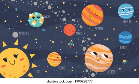 Solar system scheme. Vector planets, asteroid belt, spaceship and ufo in cute hand drawn cartoon style.