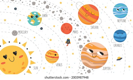 Solar system scheme. Vector planets, asteroid belt, spaceship and ufo in cute hand drawn cartoon style.