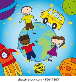 solar system and school with children, drawing. vector