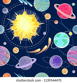 Solar system seamless pattern. Cute doodle galaxy and cosmos space planetary texture