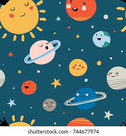 Solar system seamless pattern. Cute cartoon planets. Funny universe for kids sun, pluto ,Mar, mercury, earth, venus, jupiter, saturn, uranus, neptune. Hand drawn design print