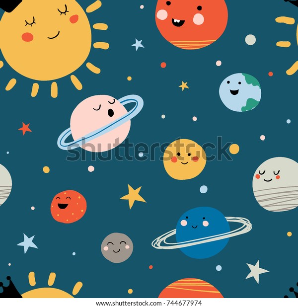 太陽系のシームレスなパターン かわいい惑星 子供の太陽 冥王星 3月 水星 地球 金星 木星 土星 天王星 海王星の奇妙な宇宙 手描きのデザインプリント のベクター画像素材 ロイヤリティフリー