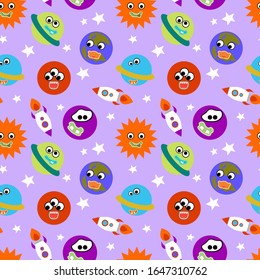 Solar system seamless pattern. Funny planets with funny faces. Cartoon style. Stock illustration. Suitable for decoration of a children's room, wallpaper, wrapping paper.