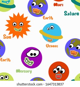 Solar system seamless pattern. Funny planets with funny faces. Cartoon style white background, isolation. Stock illustration. Suitable for decoration of a children's room, wallpaper, wrapping paper