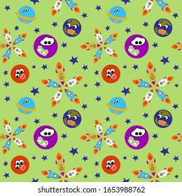 Solar system seamless pattern. Funny planets with funny faces. Cartoon style. Stock illustration. Suitable for decoration of  children's room, wallpaper, wrapping paper.