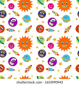 Solar system seamless pattern. Funny planets with funny faces. Cartoon style stock illustration. White background, isolation. Suitable for decorating children's room, wallpaper, wrapping paper.