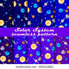 Solar system seamless pattern set. Planets and stars. Outer space. Vector illustration