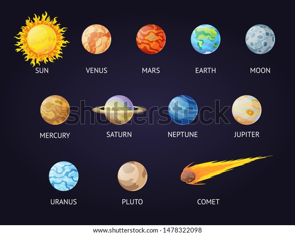 Solar system set of cartoon planets. Planets of\
the solar system solar system with names. Vector illustration in a\
flat style Isolated on a background for labels, logo, wallpapers,\
web, mobile.