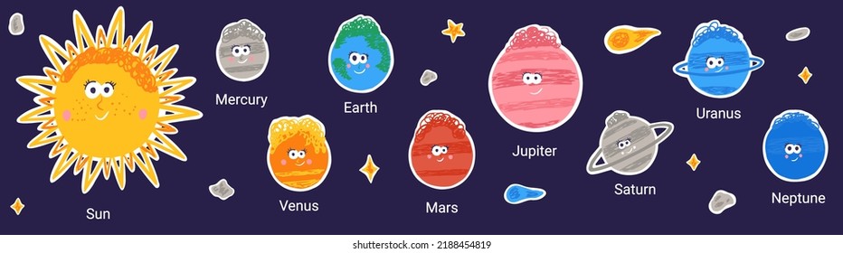 Solar system set for children. Cute planets and sun with faces