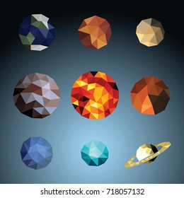 Solar system set colorful low poly planet stars and designs isolated on blue background. Vector illustration