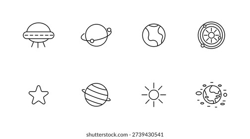 Solar system set icon. UFO, orbit, planet, sun, galaxy, star, space, astronomy, celestial, universe, earth, cosmic, system, rotation, science, exploration.