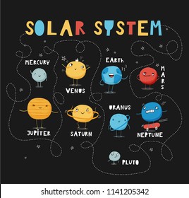 Solar system set on the black background. Templates for education, school, posters. Hand drawn vector illustration in red, yellow and blue colors