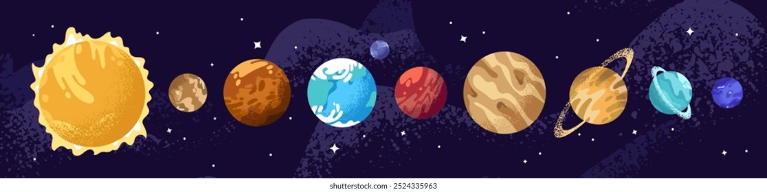 Sistema solar definido no fundo do universo. Fileira de corpos celestes no cosmos: Sol, Mercúrio, Vênus, Terra, Marte, Júpiter, Saturno, Netuno. Planetas no espaço. Ilustrações isoladas planas de vetor