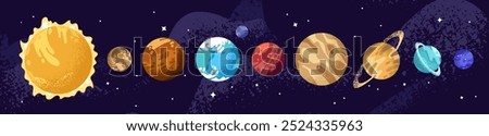 Solar system set on universe background. Row of celestial bodies in cosmos: Sun, Mercury, Venus, Earth, Mars, Jupiter, Saturn, Neptune. Planets in outer space. Flat isolated vector illustrations