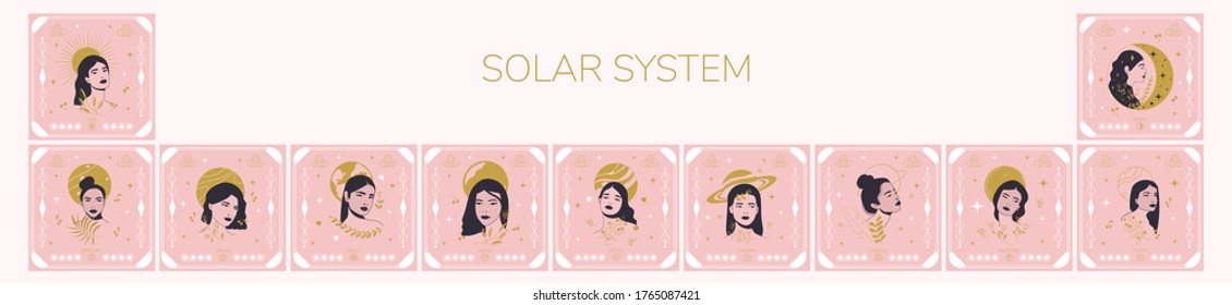 Solar system. Set of a planet with beautiful women. Vector illustration.