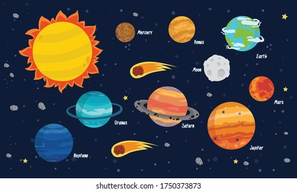 Solar System set vector with all the eight planets, moon, sun, asteroids and comets