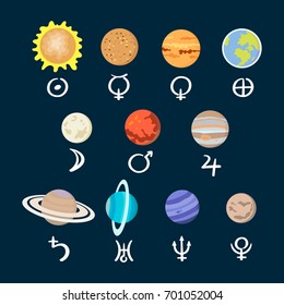 Solar system. The signs of the planets. Vector illustration.