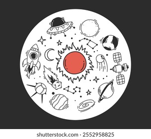 Solar system sky vintage planet sun moon space concept. Vector graphic design illustration	