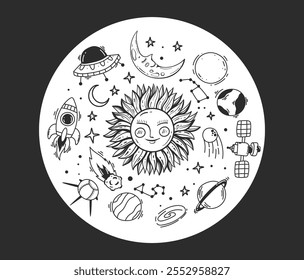 Sistema solar céu planeta vintage sol lua espaço conceito. Ilustração de design gráfico vetorial	