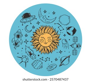 Solar system sky vintage planet sun moon space concept. Vector graphic design illustration	