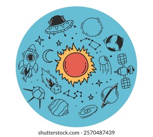 Solar system sky vintage planet sun moon space concept. Vector graphic design illustration	