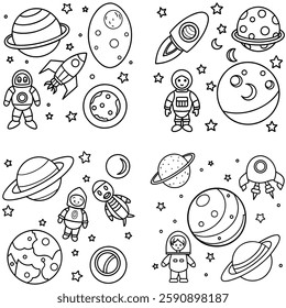 Solar System and Space Adventure Coloring Page for Kids. an educational space-themed coloring page featuring planets, astronauts, rockets, and the moon, aimed at teaching kids about the solar system