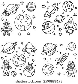 Solar System and Space Adventure Coloring Page for Kids. an educational space-themed coloring page featuring planets, astronauts, rockets, and the moon, aimed at teaching kids about the solar system