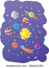Sistema solar, espacio en forma de doodle en blanco y negro
