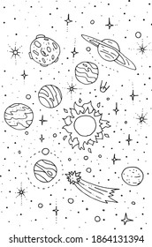 Solar system, space in black and white doodle style