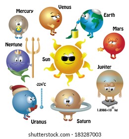 solar system in space for kids. set collections of cute sun and funny planets in cartoon comic style with text isolated on white background. vector illustration. 
