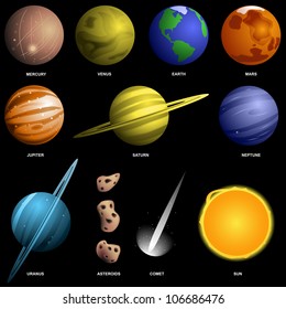 Solar system and space objects isolated on black (not to scale - contains gradient mesh)