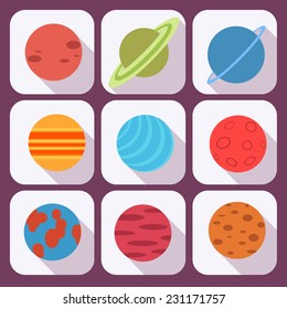 Solar system and space objects. Vector set in flat style.