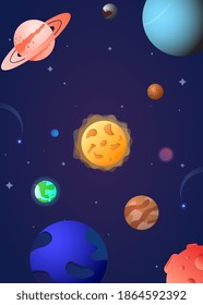Solar system, space with planets and asteroids. Science. Universe, space trip. Astronomy. Cartoon flat vector illustration
