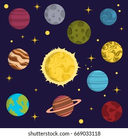 Solar system space planets galaxy earth universe planet astronomy star science cosmos vector illustration. Colorful cartoon fantasy cosmic planets set on space background.