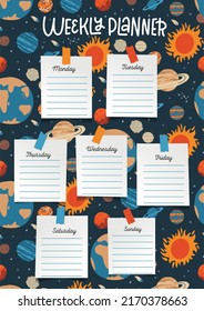 Solar system space planets school timetable. Student lessons schedule, school weekly planner or classes calendar with fantasy planets, stars in outer space. Vector flat hand drawn illustration.