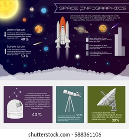 Solar system Space Shuttle to flat Illustration Flying start and astronomy observatory for background set