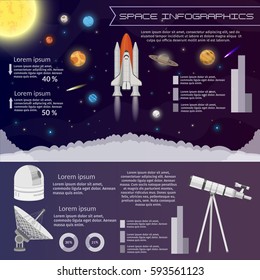 Solar system Space Shuttle infographic Illustration Flying start and astronomy observatory the science background set