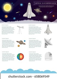 Solar system Space Shuttle infographic Illustration Flying start and astronomy observatory the science background set